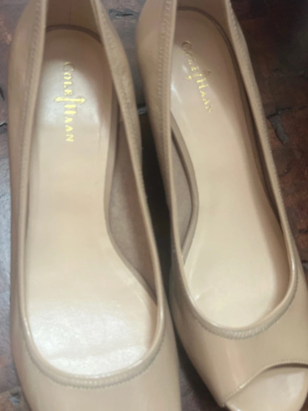 Cole Haan Nude Patent Peep-Toe Wedges